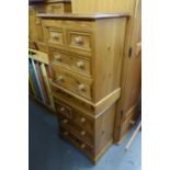 MODERN PINE DOUBLE WARDROBE OVER A SINGLE DRAWER, AND TWO BEDSIDE CHESTS ON TWO SHORT OVER TWO