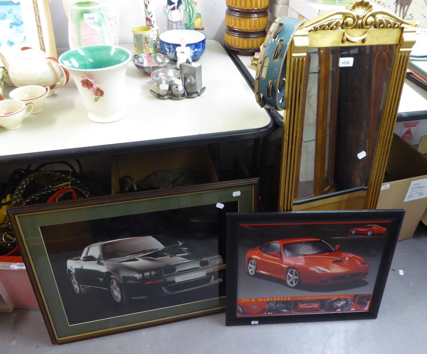 GILT FRAMED PIER MIRROR, TAMOURINE, TWO FRAMED PICTURES VINTAGE CAR AND FERRARI MARANELLO (4)