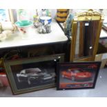 GILT FRAMED PIER MIRROR, TAMOURINE, TWO FRAMED PICTURES VINTAGE CAR AND FERRARI MARANELLO (4)