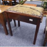 EARLY TWENTIETH CENTURY MAHOGANY STAINED FRUITWOOD PIANO STOOL, with square legs and hinged top