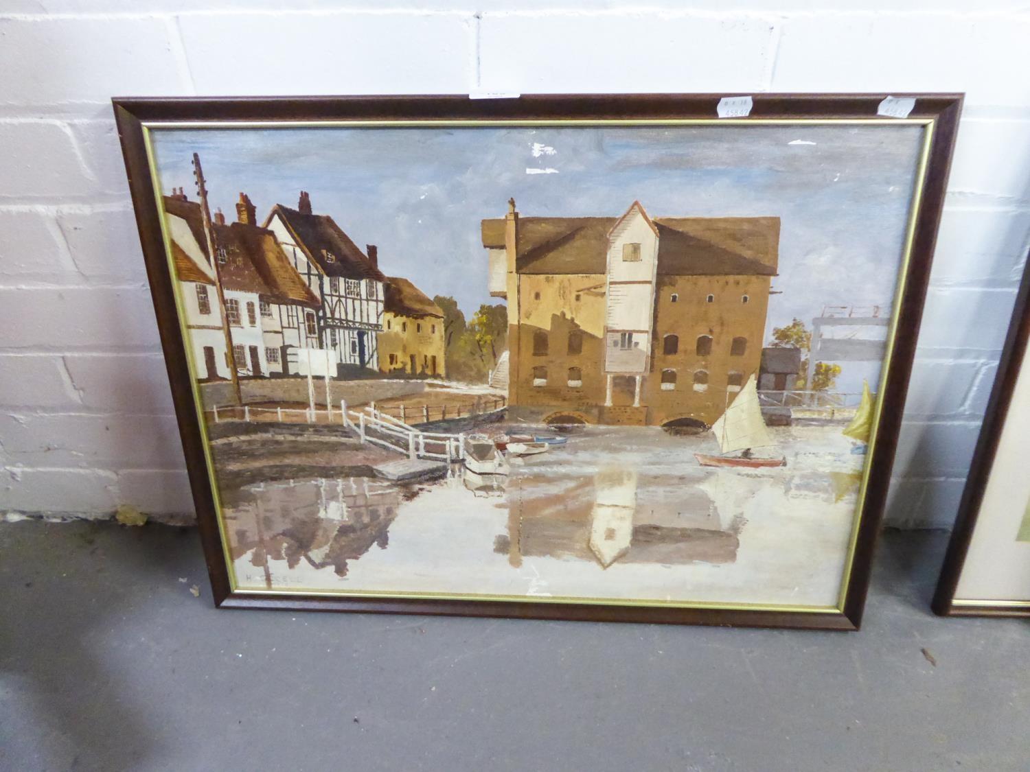 H. ORRELL OIL PAINTING ON BOARD SUFFOLK HARBOUR SCENE WITH SAILING BOAT SIGNED AND DATED 1970 18"