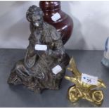 VICTORIAN BRONZED METAL SEATED FEMALE FIGURE AND A BRASS MODEL OF A BIRD