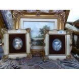 A SMALL OIL PAINTING, RIVE LANDSCAPE N GILT FRAME AND A PAIR OF PORTRAIT MINIATURES OF PERIOD