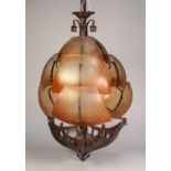 ART DECO PERIOD BRASS CEILING LIGHT FITTING in the form of three ship's prows, each with three