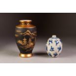 INTER-WAR YEARS JAPANESE POTTERY OVOID VASE, gilt decorated with a landscape on a matt-black ground,