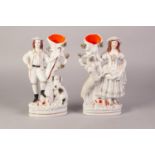 PAIR OF NINETEENTH CENTURY STAFFORDSHIRE POTTERY FLAT BACK SPILL HOLDER GROUPS, SHEPHERD AND DOG AND