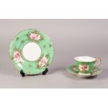 ROYAL DOULTON CHINA TEA CUP, SAUCER AND SIDE PLATE TRIO, painted with gilt lined floral cartouches