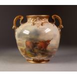 EARLY 20th CENTURY ROYAL WORCESTER PORCELAIN SWOLLEN OVOID TWO HANDLED VASE painted by J M Stinton