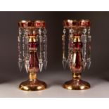 PAIR OF MODERN MURANO RUBY FLASHED AND GILT ENRICHED GLASS TABLE LUSTRES, each suspending six