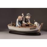 LLADRO ?FISHING WITH GRAMPS?, LARGE PORCELAIN GROUP, modelled as a young boy, old man and dog in a