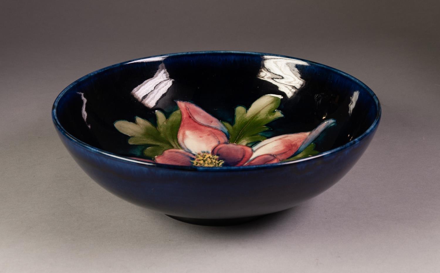 EARLY WALTER MOORCROFT POTTERY HIBISCUS PATTERN SHALLOW BOWL, painted initials and impressed marks