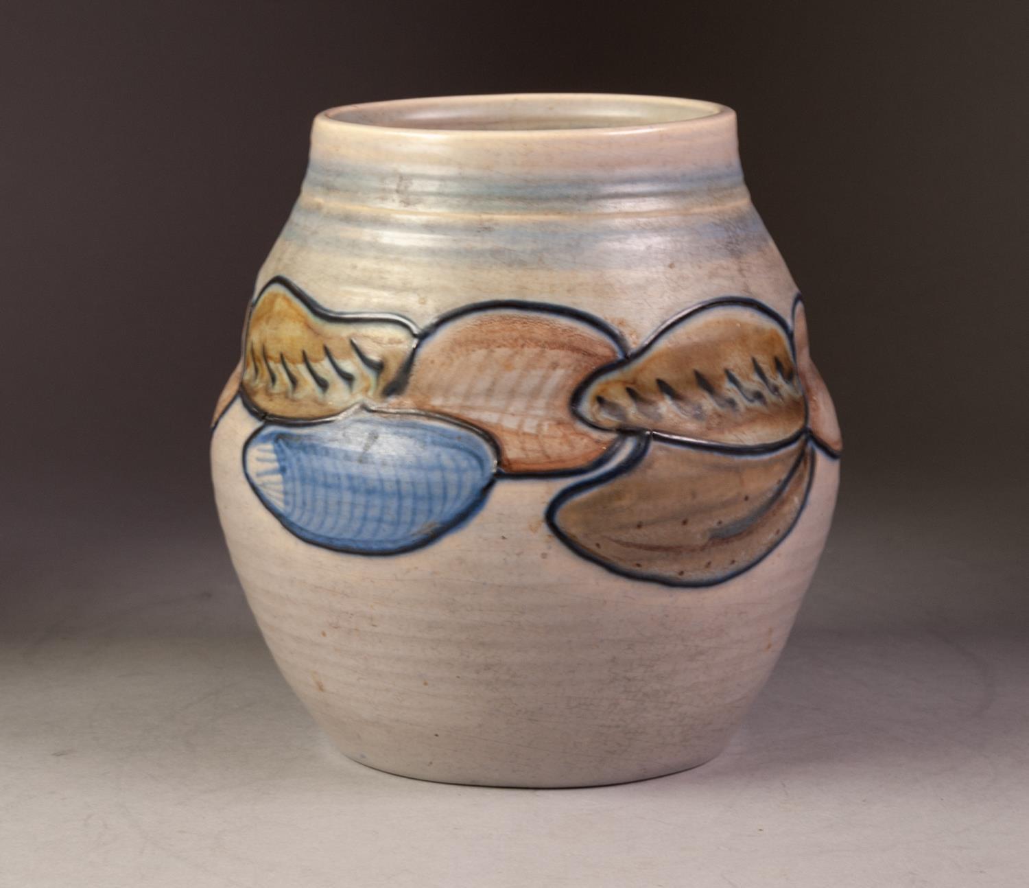 SUSIE COOPER MOULDED POTTERY VASE, of ovoid form, painted in muted tones with a band of tube lined - Image 2 of 4