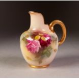 A SMALL ROYAL WORCESTER PORCELAIN EWER, painted with roses on a blushed ivory ground, gilded loop