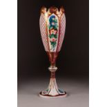 19th CENTURY, PROBABLY BOHEMIAN, CLEAR GLASS, RUBY FLASHED AND WHITE OVERLAID TULIP SHAPED VASE,