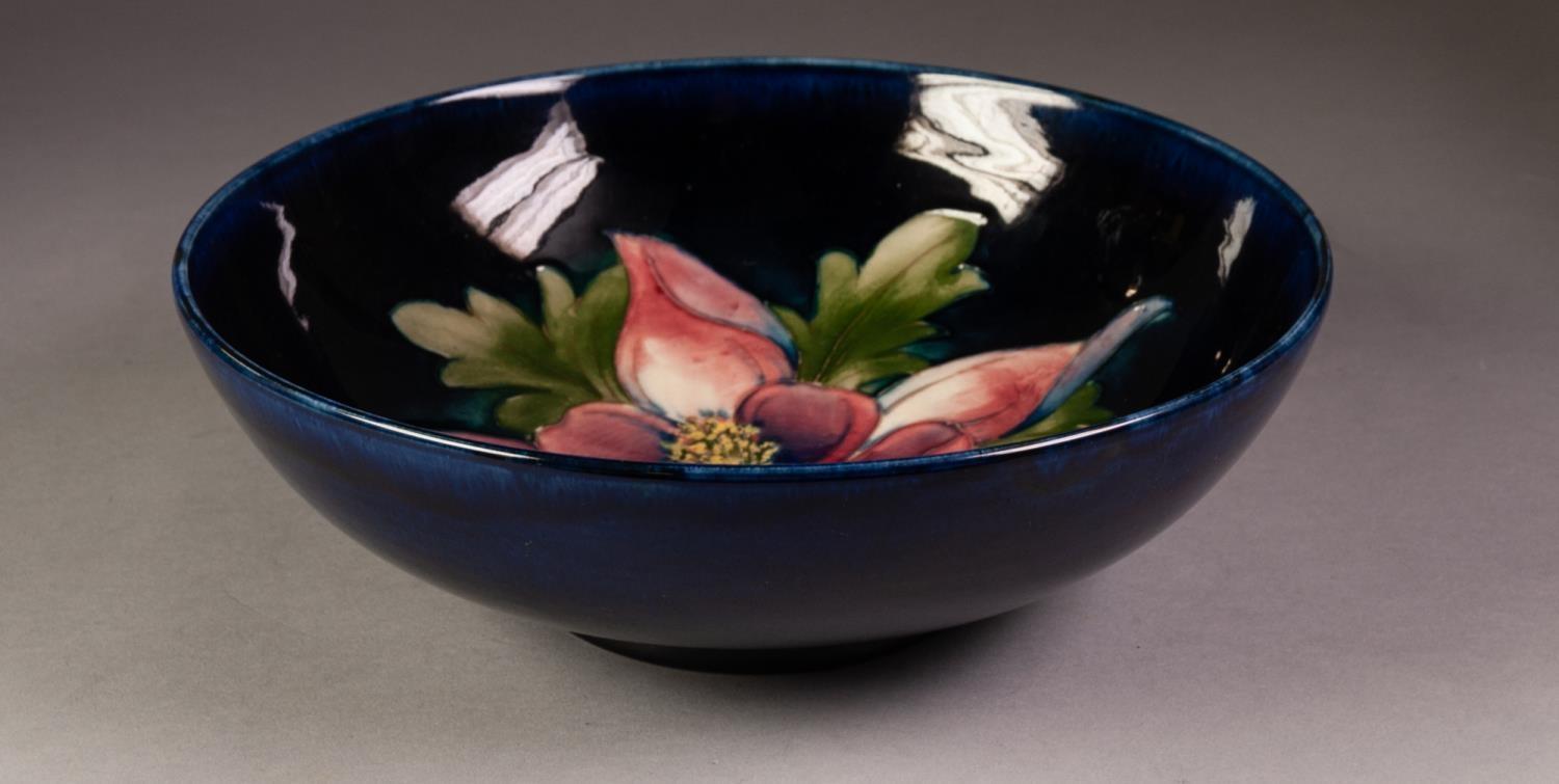 EARLY WALTER MOORCROFT POTTERY HIBISCUS PATTERN SHALLOW BOWL, painted initials and impressed marks - Image 2 of 3