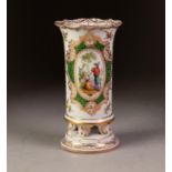 DRESDEN PORCELAIN SPECIMEN VASE, of cylindrical form with flared, wavy rim and four scroll