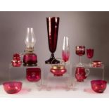 TWELVE PIECES OF VICTORIAN AND LATER RUBY AND CRANBERRY GLASS, including a PEDESTAL VASE, 13 ¾? (