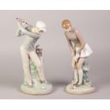 TWO LLADRO PORCELAIN FIGURES OF FIGURES OF GOLFERS, he modelled with club raised, she modelled