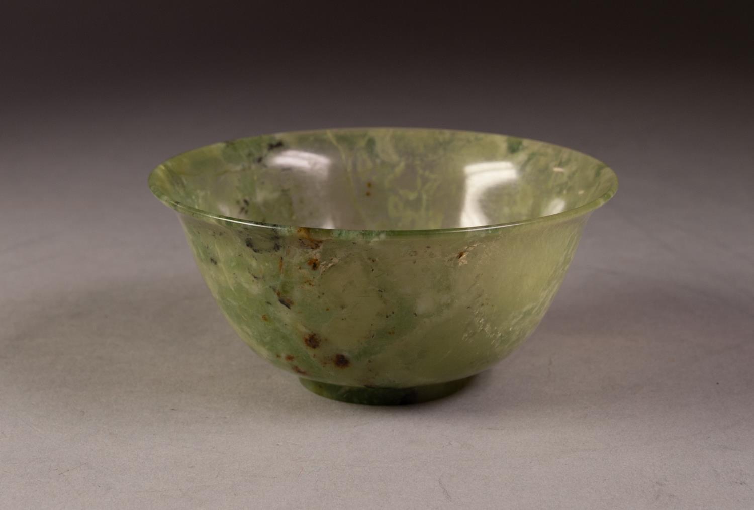 CHINESE QING DYNASTY MOTTLED GREEN JADE BOWL with everted rim of eggshell thinness 4" (10)