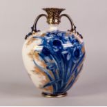 DOULTON BURSLEM BLUE AND WHITE POTTERY TWO HANDLED VASE, of ovoid form with mask capped handles to