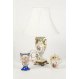 CONTINENTAL PORCELAIN TWO HANDLED VASE PATTERN TABLE LAMP, of slender form with swan pattern gilt