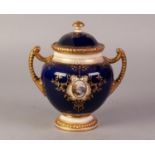 EARLY TWENTIETH CENTURY COALPORT CHINA TWO HANDLE ORBICULAR VASE AND COVER, painted in two small