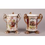 NEAR PAIR OF VIENNA STYLE CONTINENTAL PORCELAIN THREE HANDLED TYG PATTERN VASES, each of cylindrical
