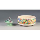 A CLARICE CLIFF (Newport Pottery) FRUIT BOWL, moulded and poly-chromed with birds amongst flowers,