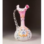 VICTORIAN PINK FROSTED GLASS EWER, of compressed, lobated form with moulded clear glass loop