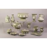 FOURTEEN PIECES OF WEDGWOOD GREEN AND WHITE JASPERWARE including a large circular pedestal bowl,