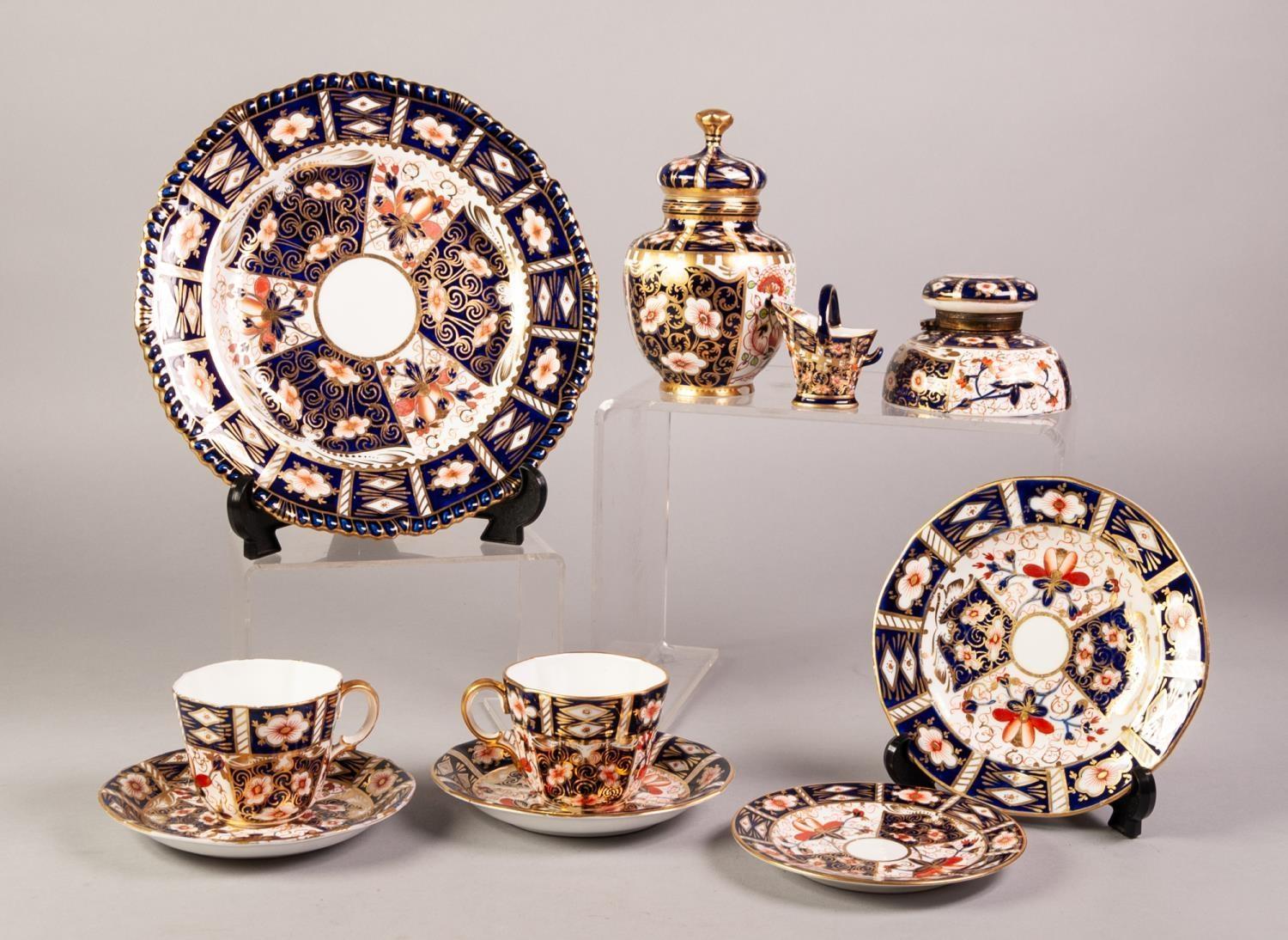 TEN ITEMS OF ROYAL CROWN DERBY and SIMILAR JAPAN DECORATED PORCELAIN, including a miniature helmet