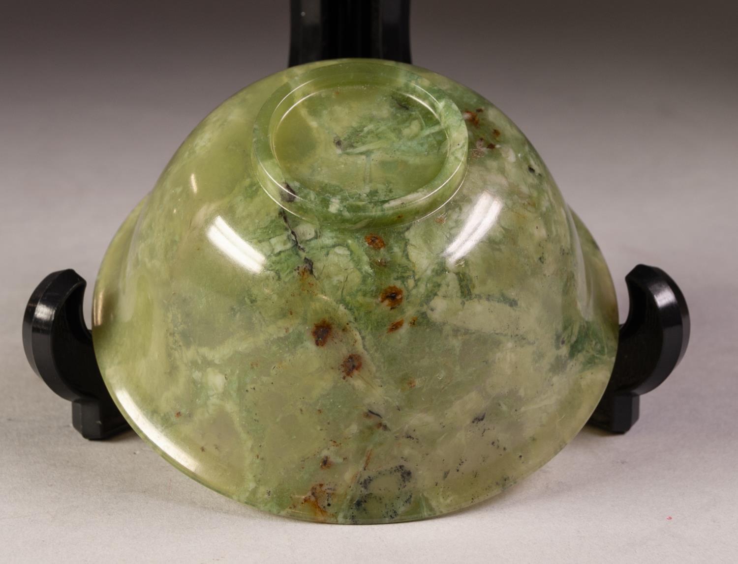 CHINESE QING DYNASTY MOTTLED GREEN JADE BOWL with everted rim of eggshell thinness 4" (10) - Image 3 of 3