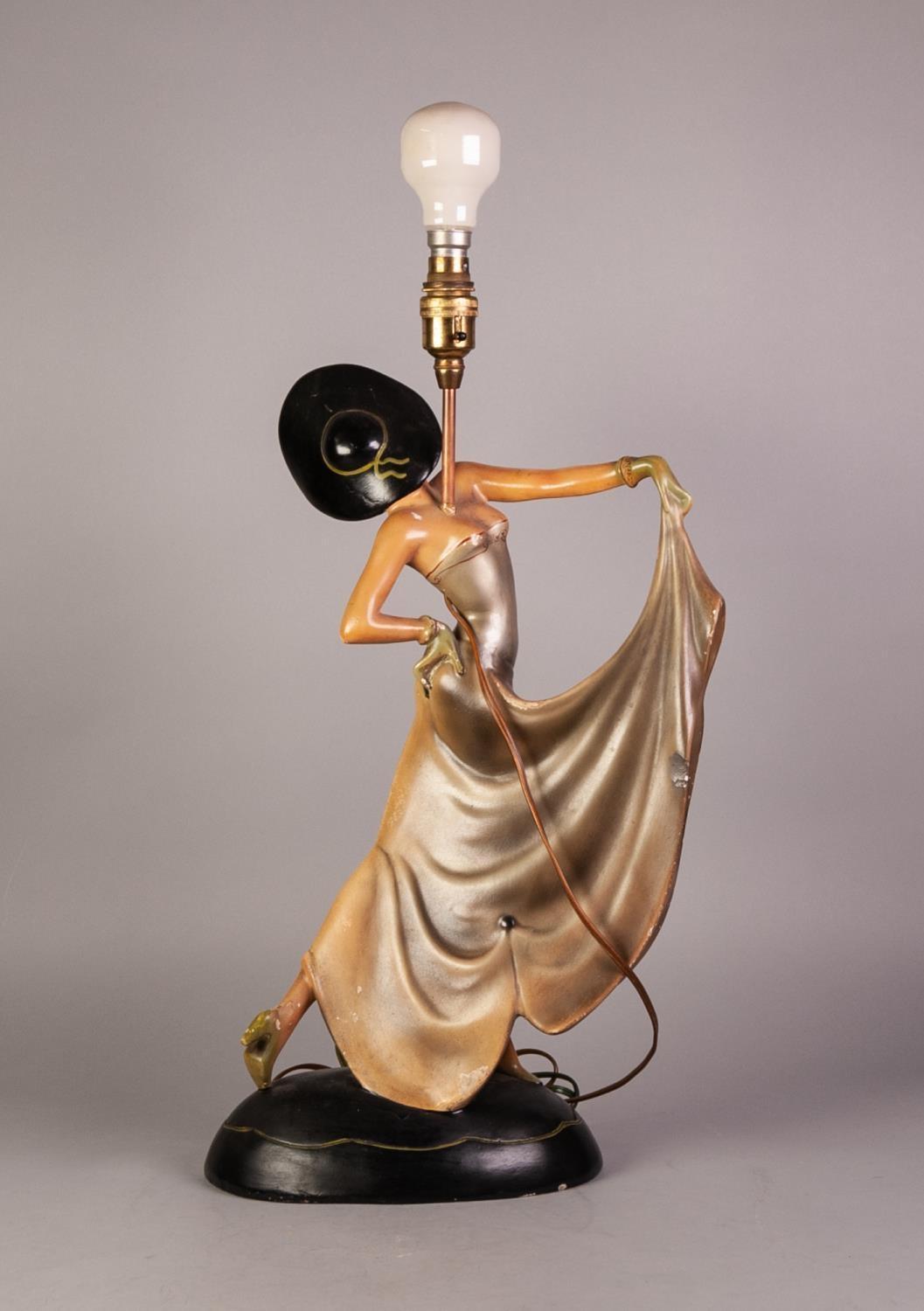 ART DECO PAINTED PLASTER FIGURAL TABLE LAMP BASE, modelled as a lady in stylised pose, raised on - Image 2 of 2