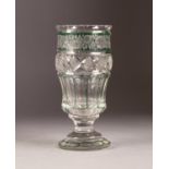 BOHEMIAN GREEN TINTED AND FLASH CUT GLASS PEDESTAL VASE, of cylindrical form with wheel cut floral