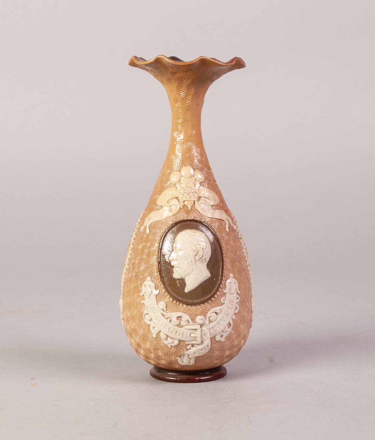 LATE VICTORIAN DOULTON (Lambeth) small pear shaped vase with frilled rim the body applied with a