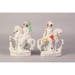 PAIR OF NINETEENTH CENTURY STAFFORDSHIRE POTTERY FLAT BACK EQUESTRIAN FIGURES, TITLED QUEEN' AND '