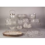 SELECTION OF GLASSWARE including an inter-war years cut bowl, hors d' oeuvre stand on plated-on