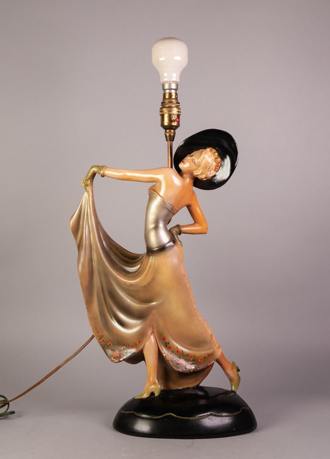 ART DECO PAINTED PLASTER FIGURAL TABLE LAMP BASE, modelled as a lady in stylised pose, raised on