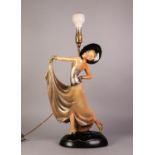 ART DECO PAINTED PLASTER FIGURAL TABLE LAMP BASE, modelled as a lady in stylised pose, raised on