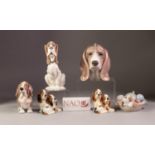 LLADRO PORCELAIN MODEL OF A BASSET HOUND HEAD, two NAO PORCELAIN BASSET HOUND MODELS, two