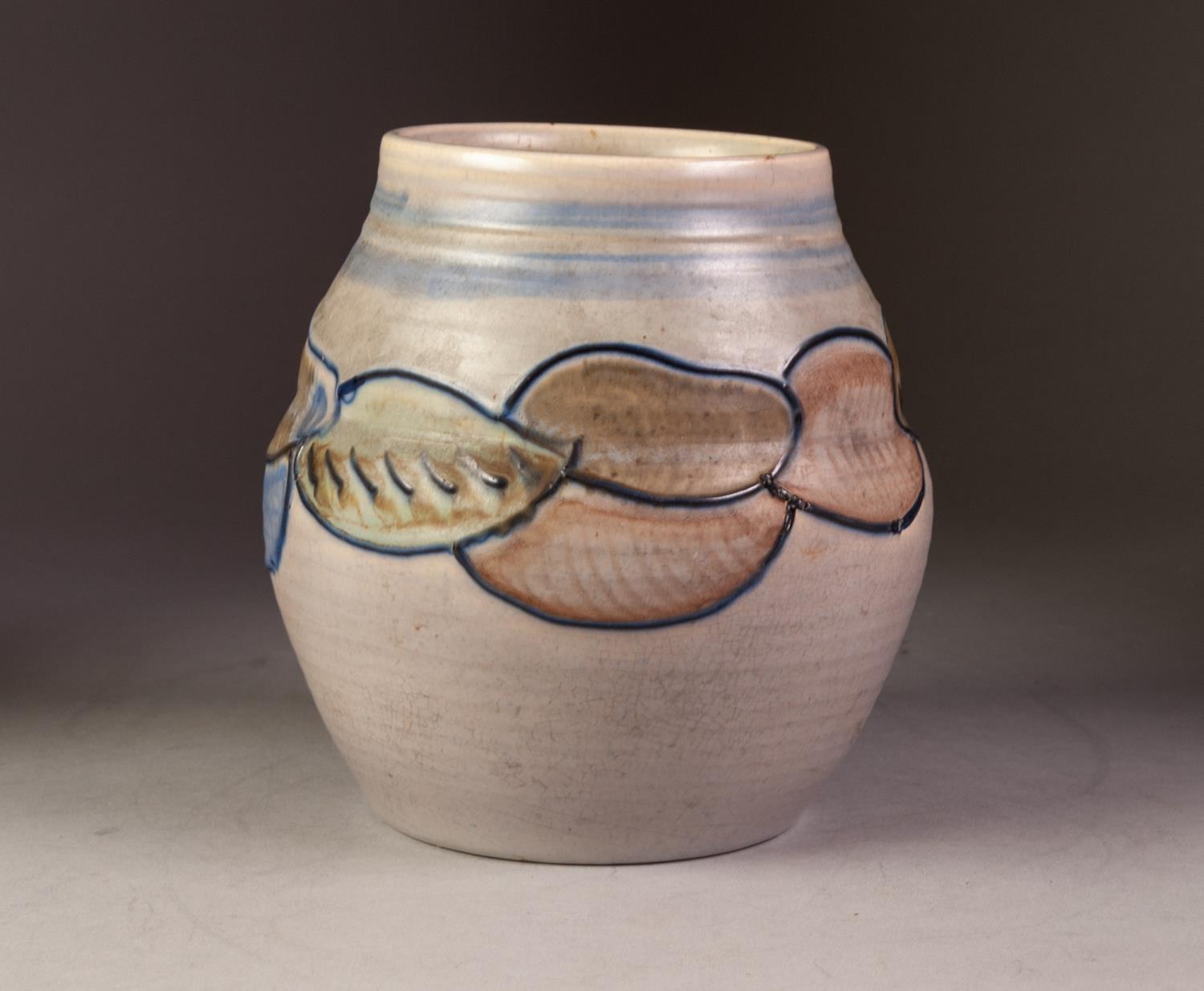 SUSIE COOPER MOULDED POTTERY VASE, of ovoid form, painted in muted tones with a band of tube lined - Image 3 of 4