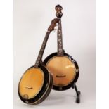 MODERN 5 STRING SHORT SCALE BANJO, inlaid in mother of pearl, the back with a design of birds and