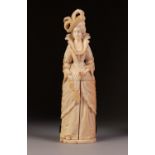 CARVED 19th CENTURY DIEPPE IVORY FIGURINE in 18th century costume, skirt opens to reveal triptych,