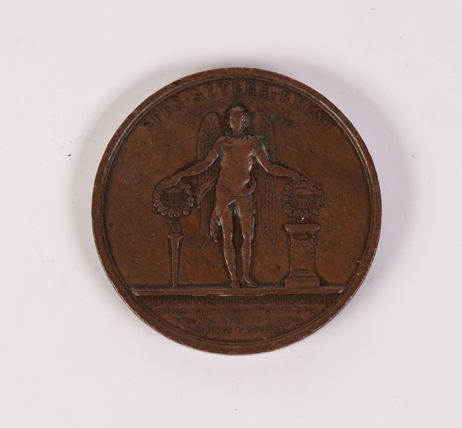 LOUIS XVIII BRONZE MEDALLION BY ANDRIEU & PUYMAURIN obverse with bust, reverse with angelic figure