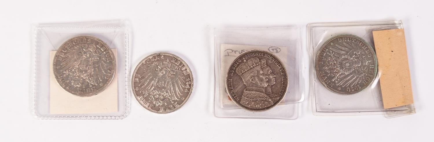 THREE GERMAN STATES THREE MARK SILVER COINS, Prussia 1910 (F) and 1913 (VF) and Wuerttemburg 1914 (