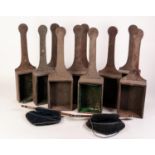 SET OF TEN EARLY 20th CENTURY SQUARE OFFERTORY BOXES with integral flat paddle shape handles