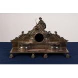 IMPRESSIVE HEAVY QUALITY NINETEENTH CENTURY PATINATED BRONZE DESK INK STAND, of oblong form, the