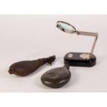 WATT & SONS Ltd DESK TOP WHITE METAL MAGNIFYING GLASS, on rounded oblong black base, together with