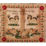 EARLY VICTORIAN BERLIN WOOL EMBROIDERED NEEDLEWORK SAMPLER by Maryanne Ashworth 1845 13 3/4" x 14