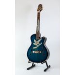 UNBRANDED SIX STRING ELECTRIC ACOUSTIC GUITAR, the fading blue body, inlaid in mother of pearl